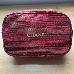 CHANEL Red Tweed Cosmetic Pouch – Gold Zip, Metallic Stripes, Lined